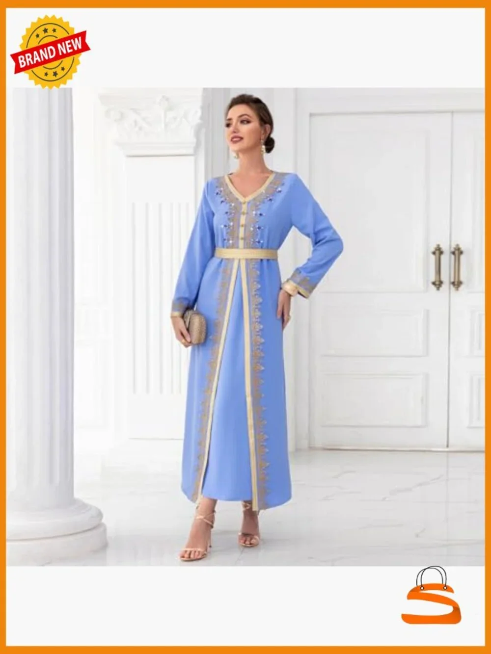 Lace Maxi Dress V-Neck Long Sleeve Kaftan Ankle Length Loose Fit Wedding Guest - Picture 2 of 6